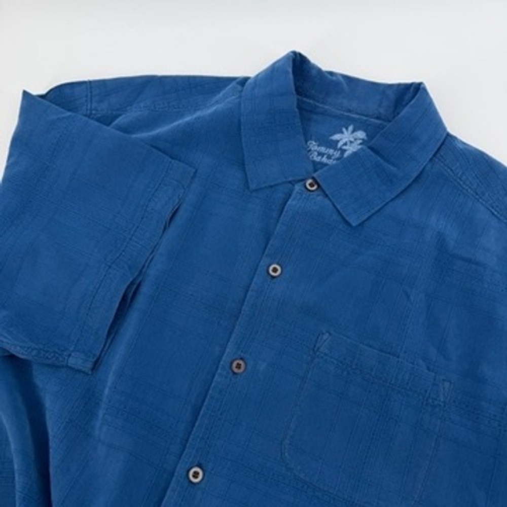 Tommy Bahama 100% Silk Blue on Blue Plaid Button Up Short Sleeve‎ Men's Shirt XL